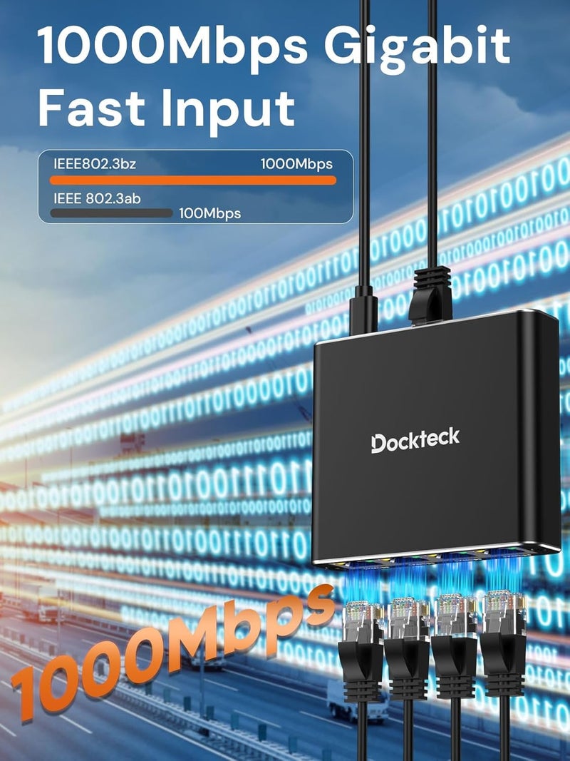 Dockteck Ethernet Splitter 1 to 4 1000Mbps, Internet Cable Splitter 1 in 4 Out High Speed Switch Network Gigabit for LAN RJ45 Port Router Switch Work with Cat5/5e/6/7/8 Cable - Image 3